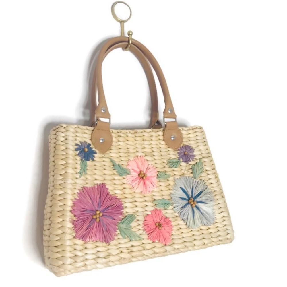 Vintage Retro 90’s Floral Straw Top Handle Bag